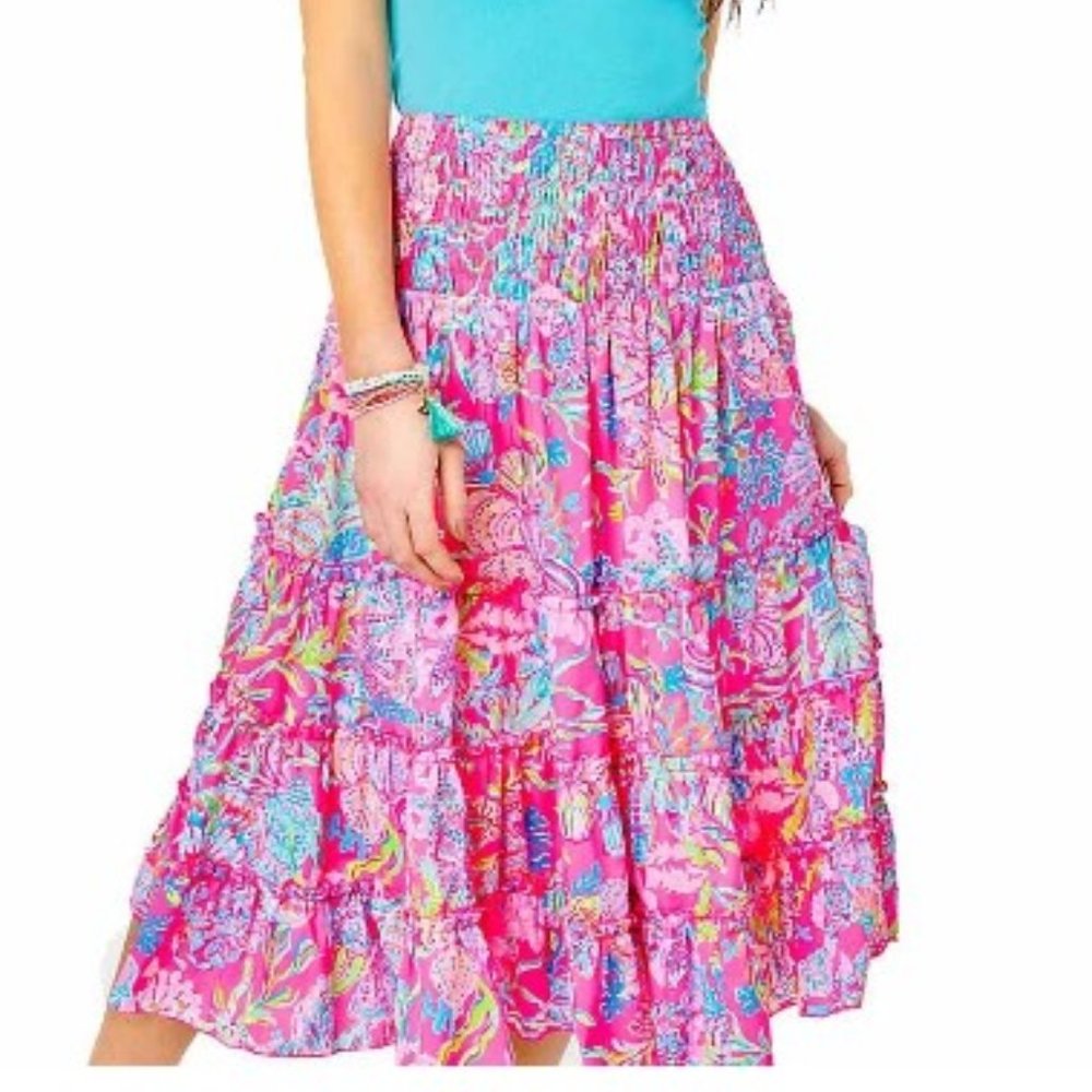 Lilly Pulitzer Midi Skirt Deavan Sz LG Pink Isle Shell Me Something Good
